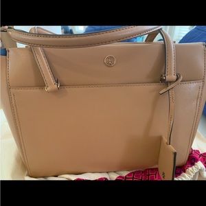 Tory Burch Parker Large Leather Tote Handbag Tan Cardamon/Royal Navy Euc!